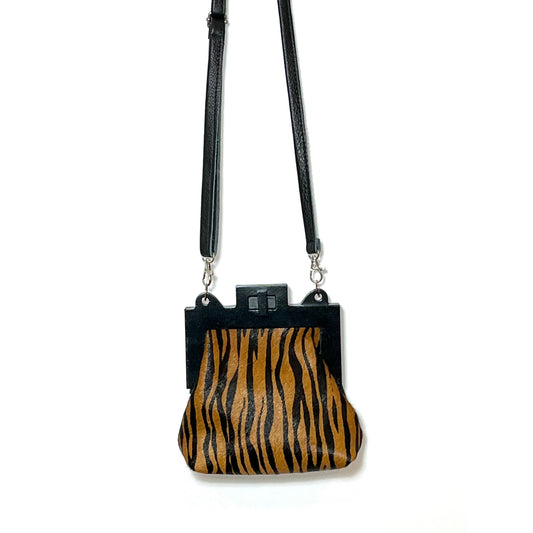 Small Wooden Frame Crossbody Purse / hair on leather
