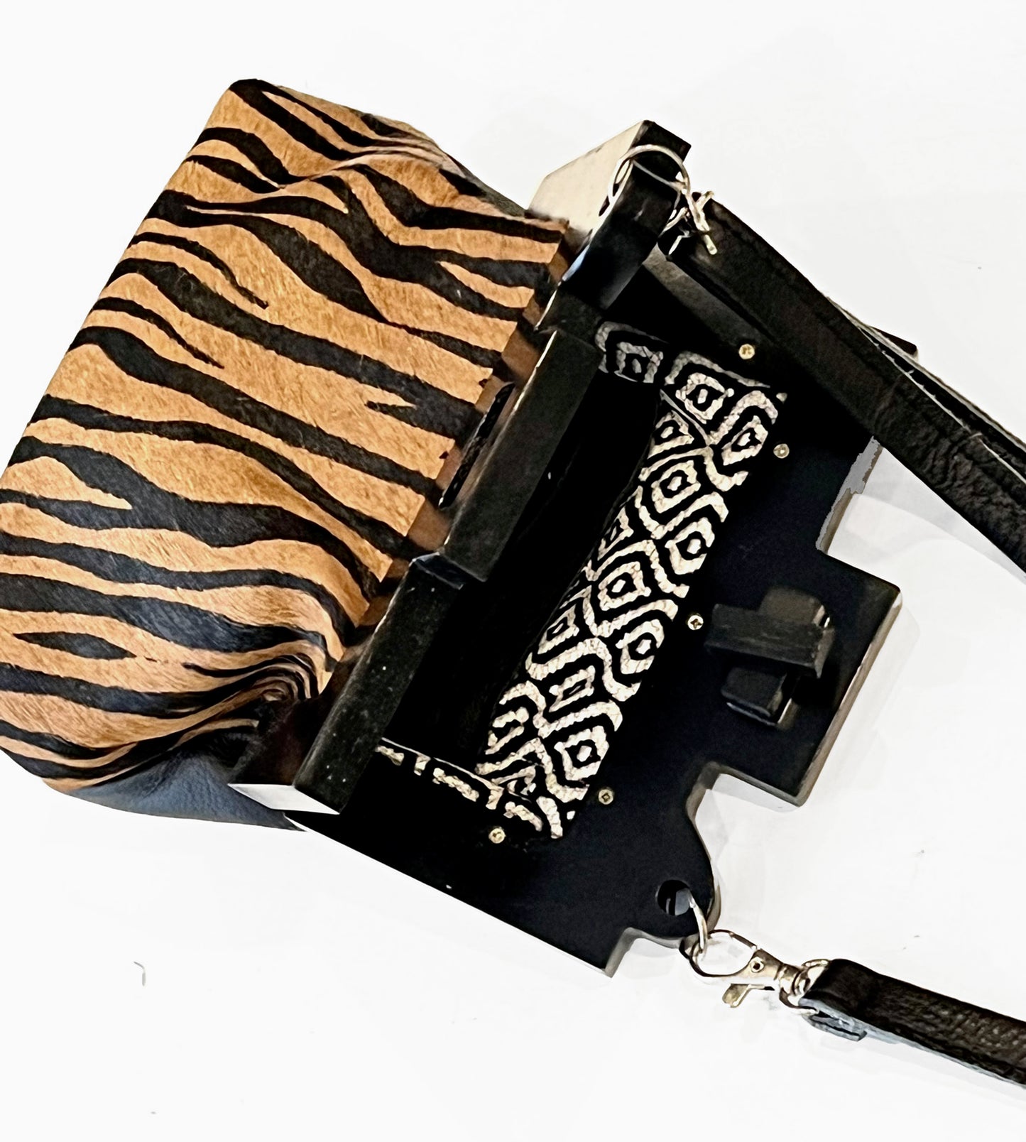 Small Wooden Frame Crossbody Purse / hair on leather