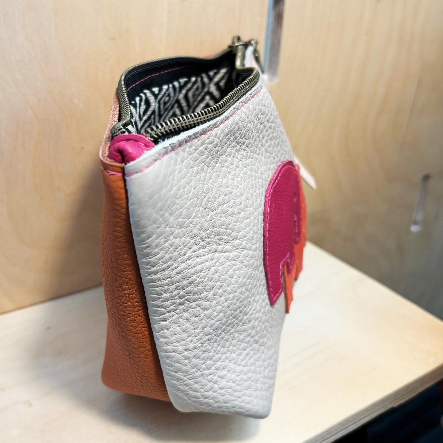 Elephant cosmetic zip pouch /off white, orange, fuchsia