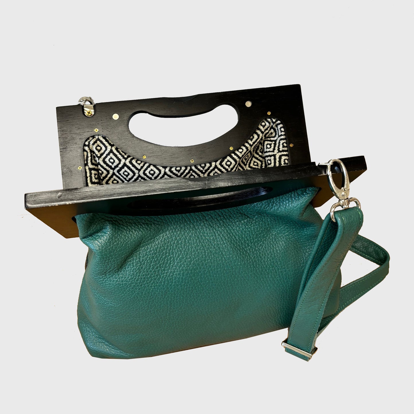 Large Crossbody Wooden Clutch with Applique, Forest Green