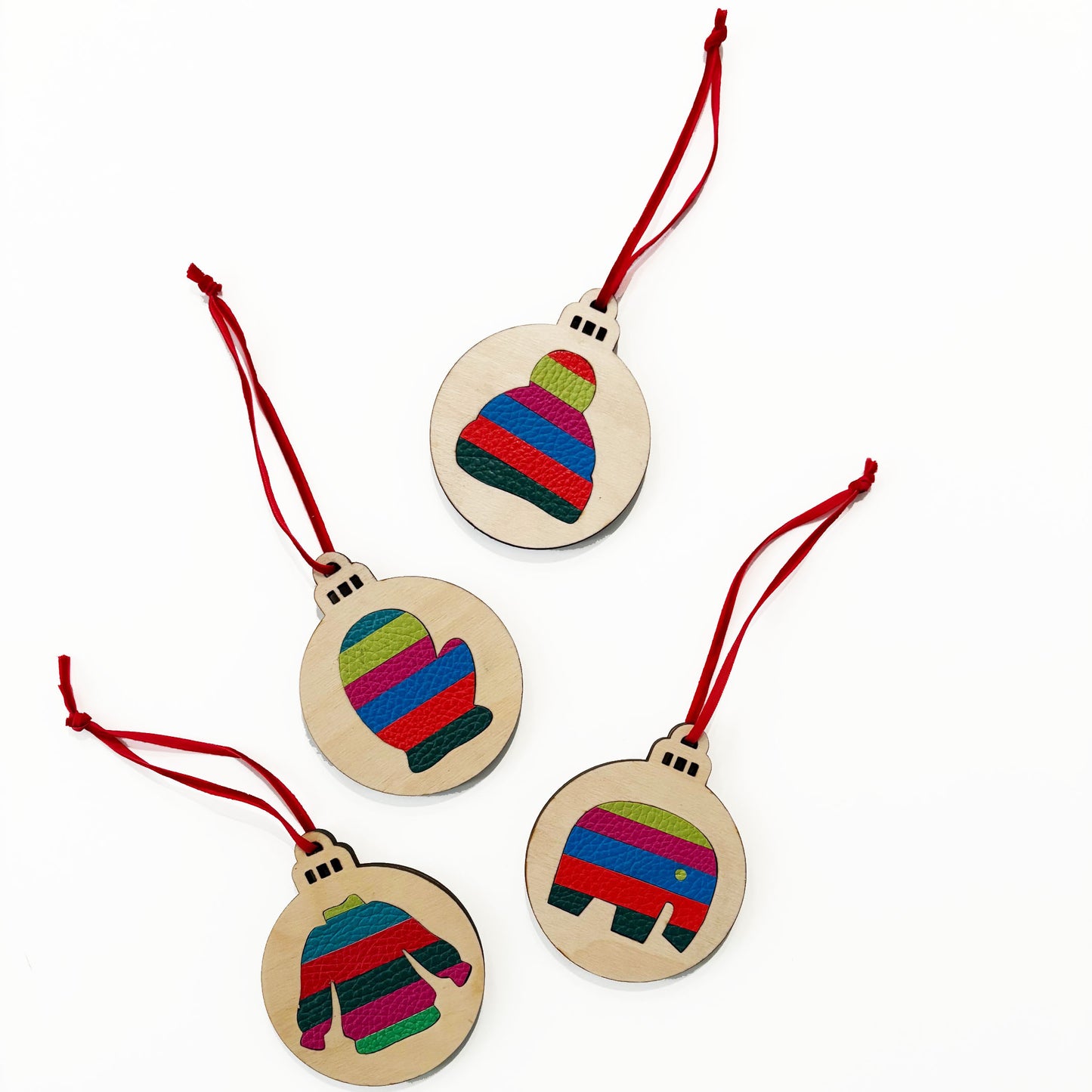 Wood and leather inlay set of 4 Ornaments