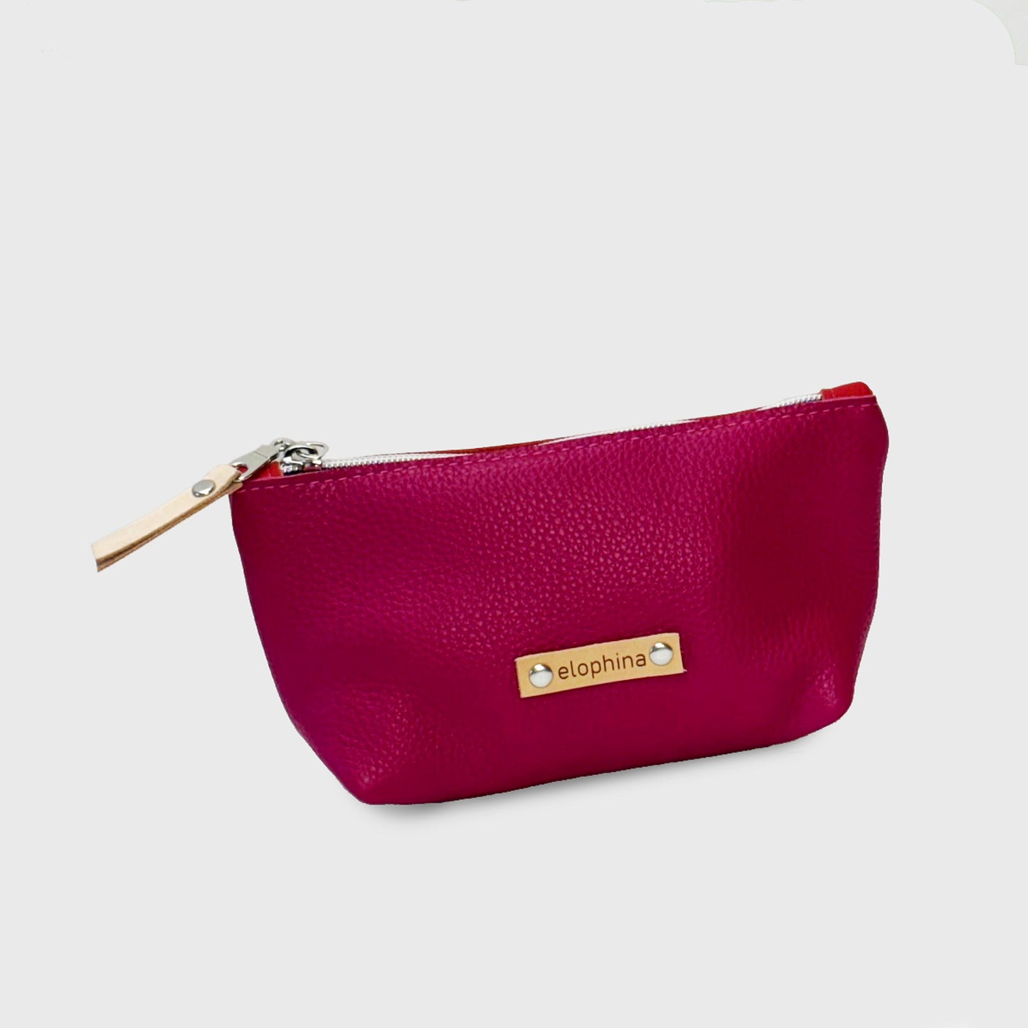 block color leather zip pouch / pink, red