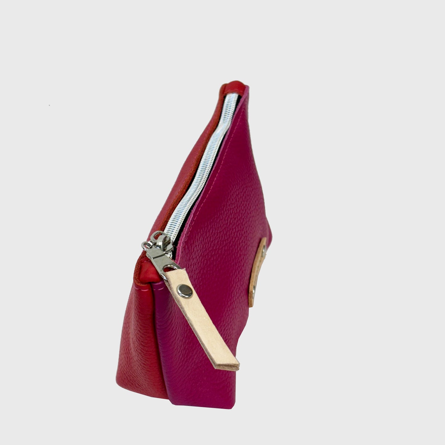 block color leather zip pouch / pink, red