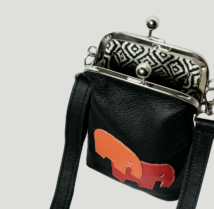 Phone Crossbody with elephant applique black with red and orange elephant