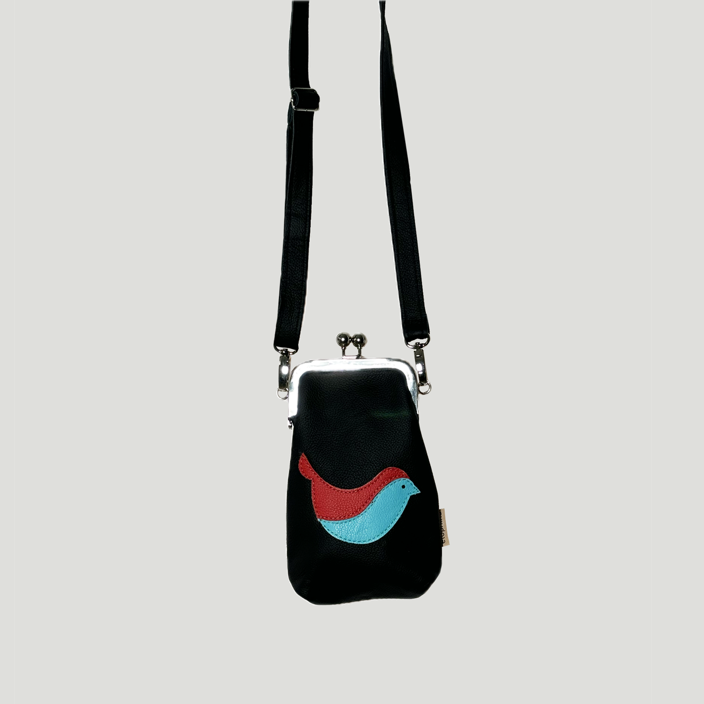 Phone Crossbody with elephant applique black with blue and red bird