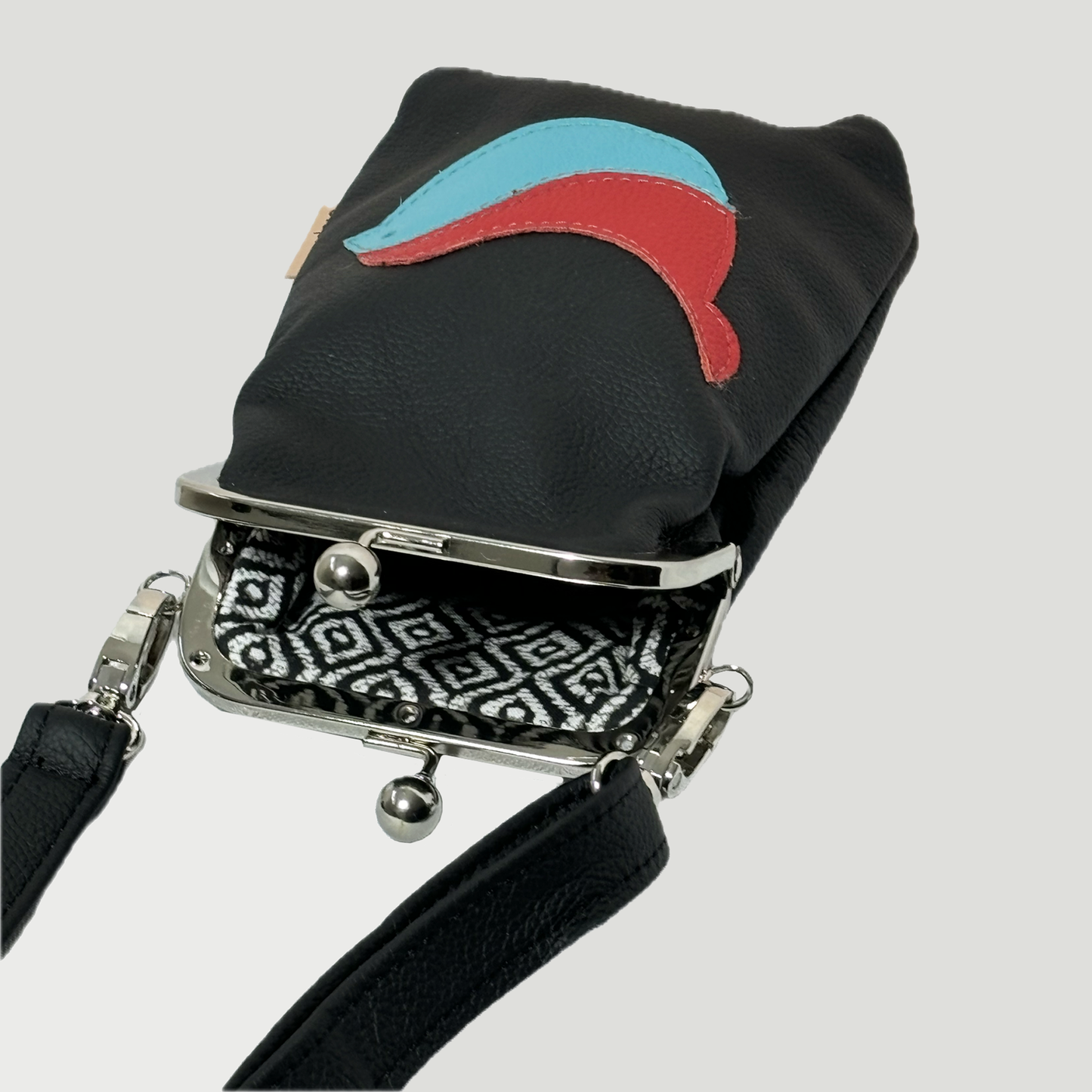 Phone Crossbody with elephant applique black with blue and red bird