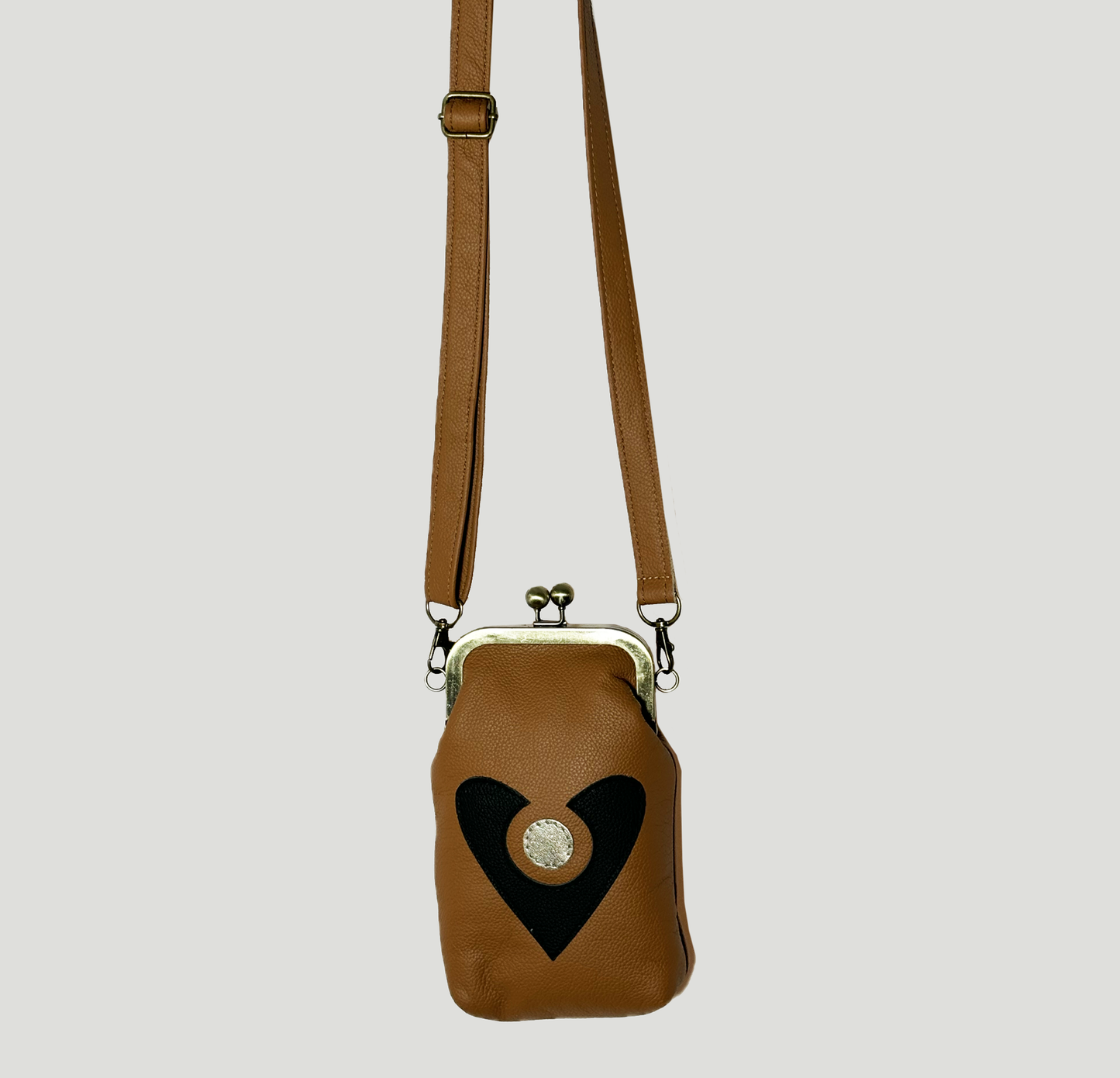 Phone Crossbody with elephant applique cognac with black and gold abstract heart