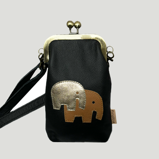 Phone Crossbody with elephant applique black with brown and gold elephant