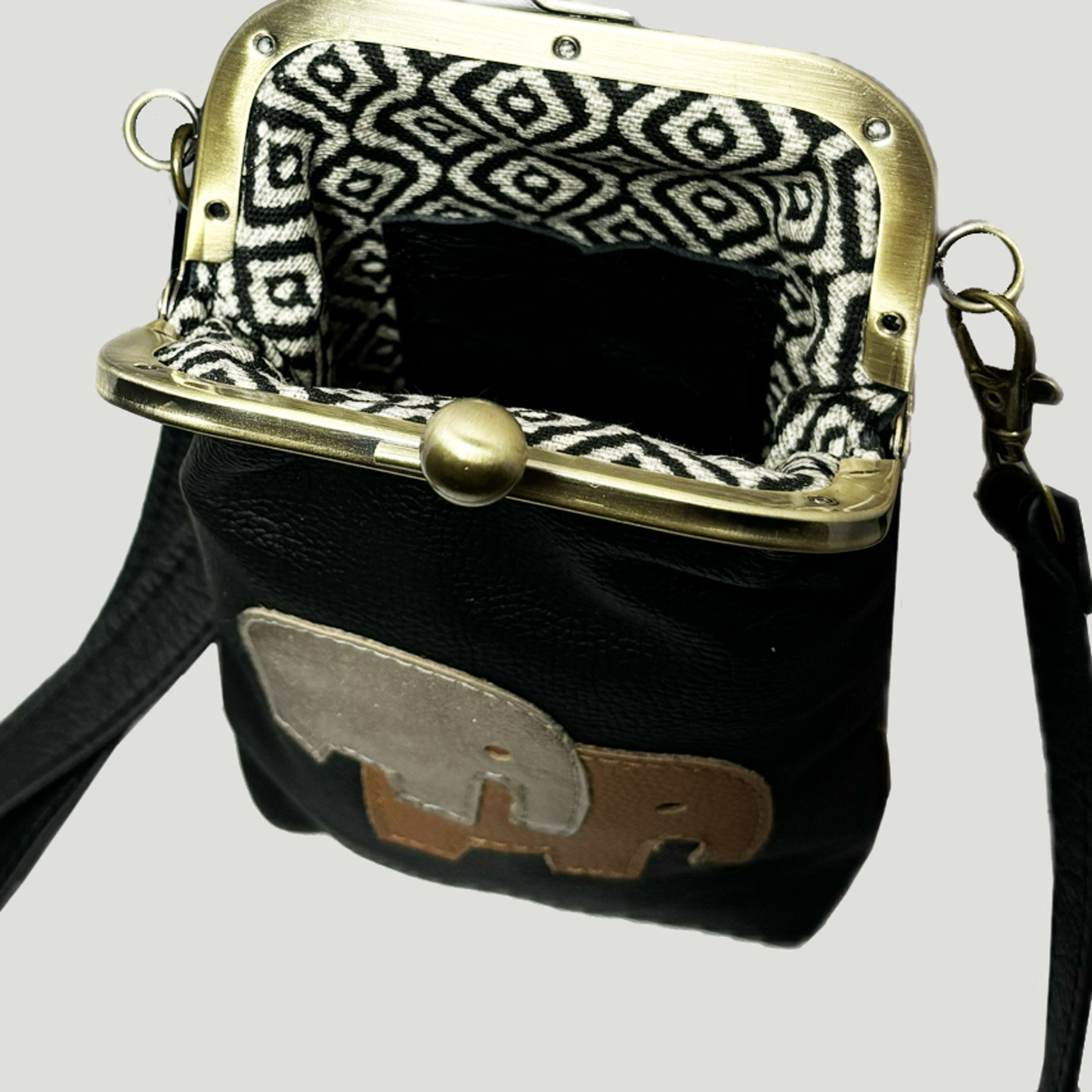 Phone Crossbody with elephant applique black with brown and gold elephant