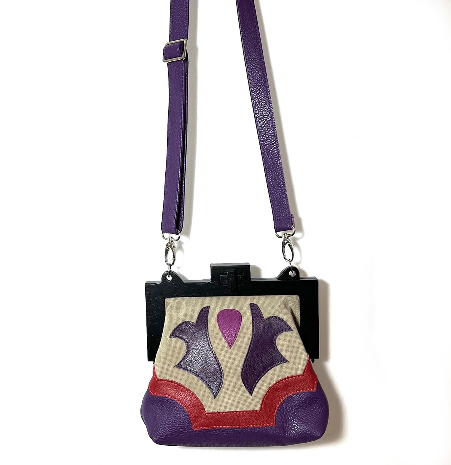 Large Wooden Frame Leather Crossbody Purse / purple & red