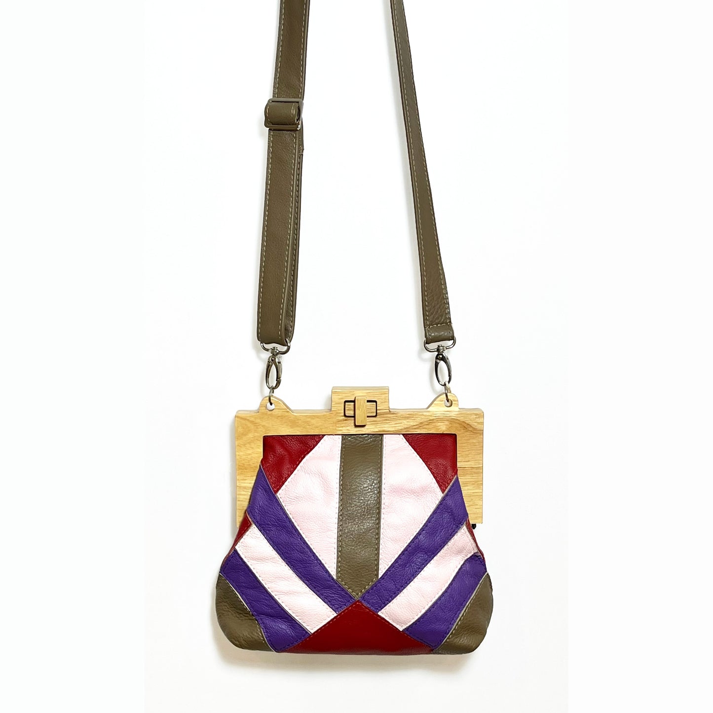 Large Wooden Frame Leather Crossbody Purse / beige&purple&red
