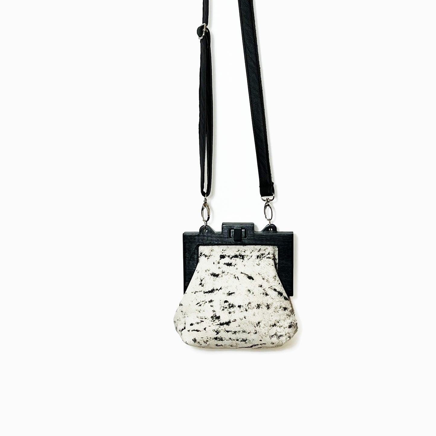 Small Wooden Frame Crossbody Purse / Suede black & white