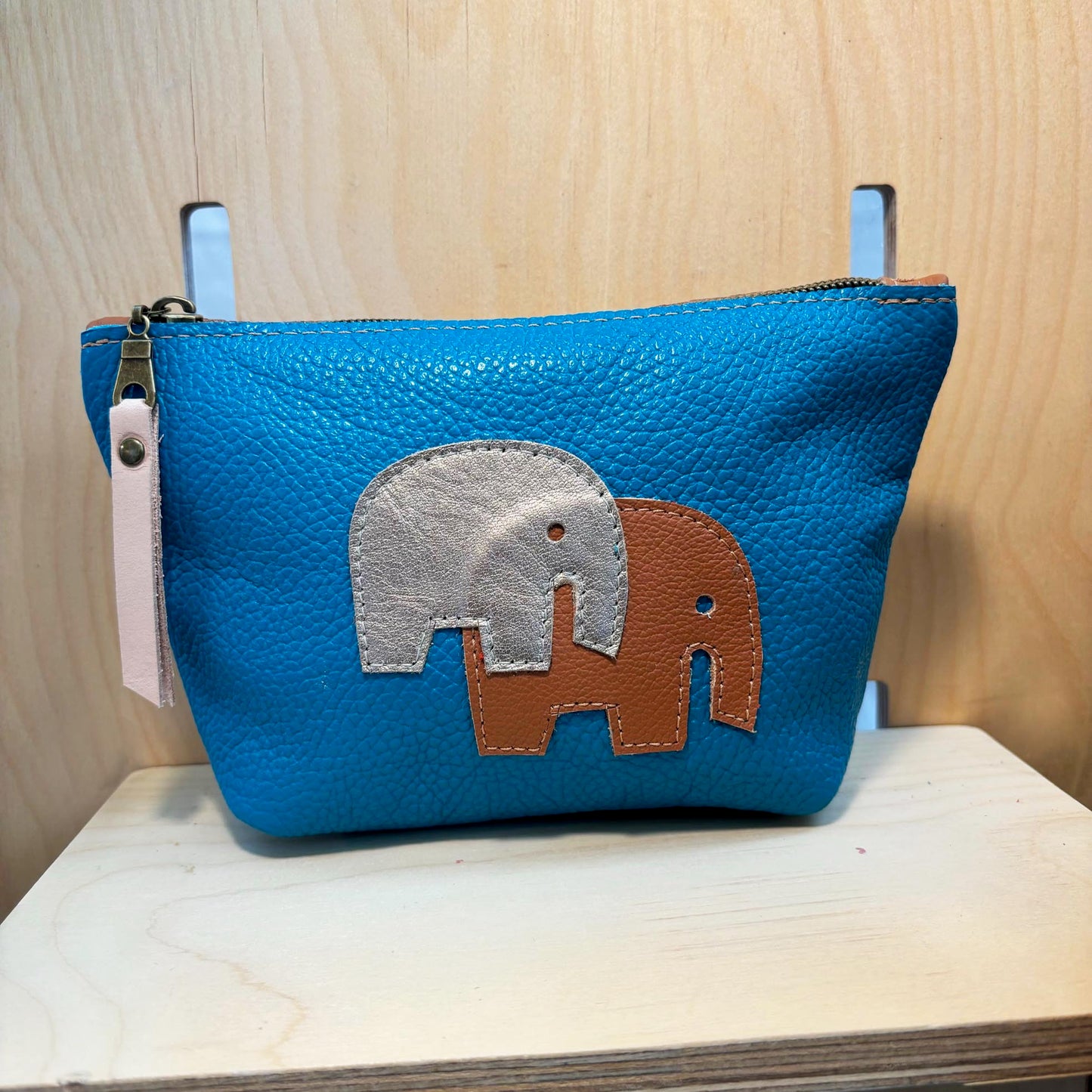 Elephant cosmetic zip pouch / turquoise, brown, gold