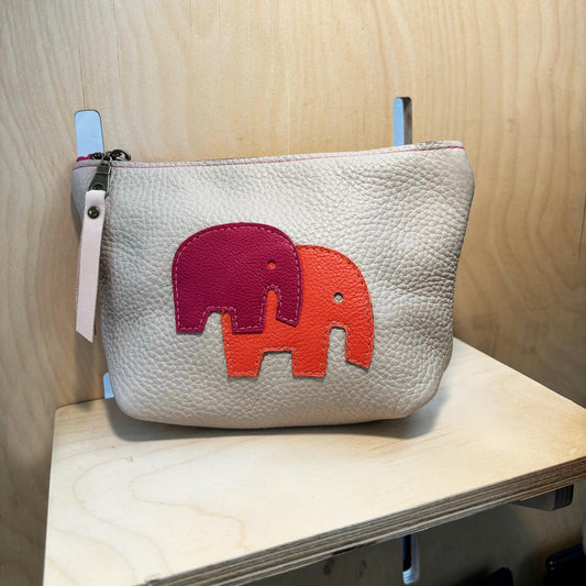 Elephant cosmetic zip pouch /off white, orange, fuchsia