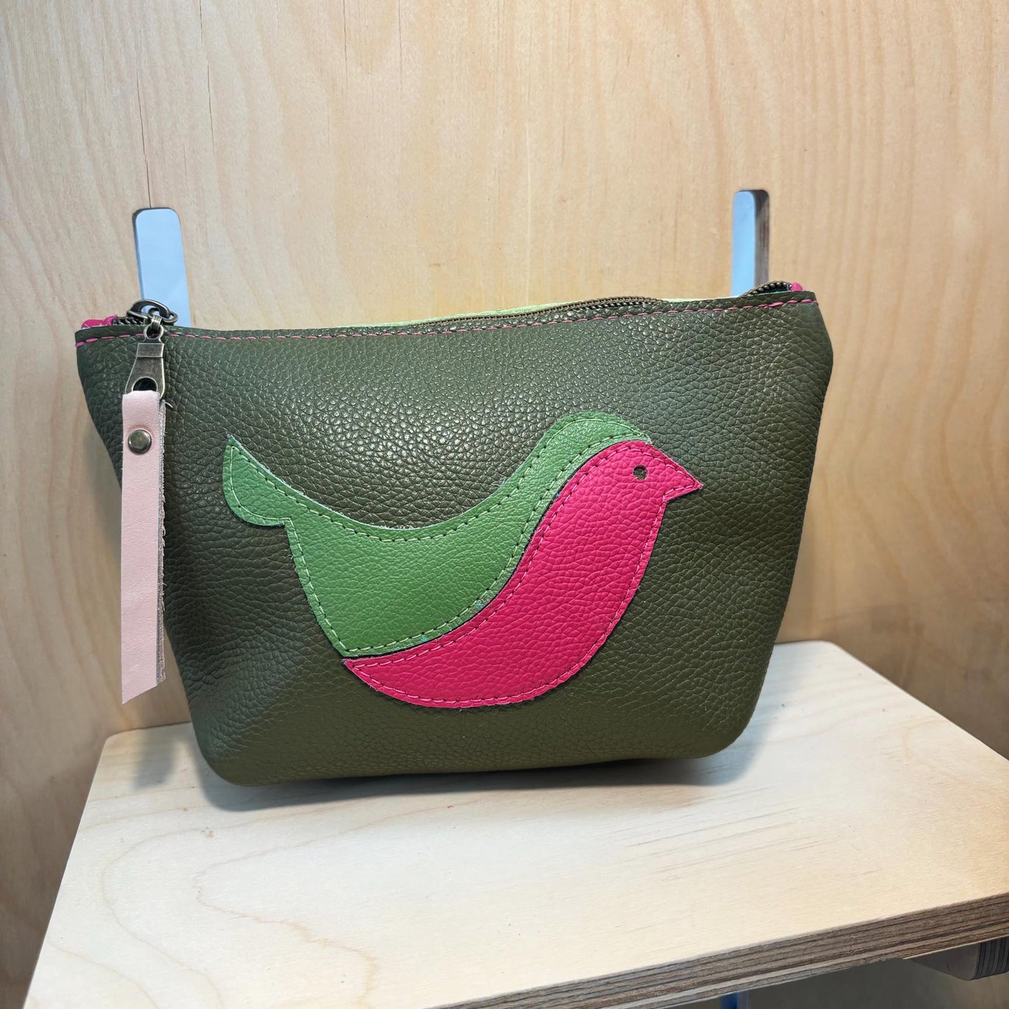 Bird cosmetic zip pouch /olive, pink, green