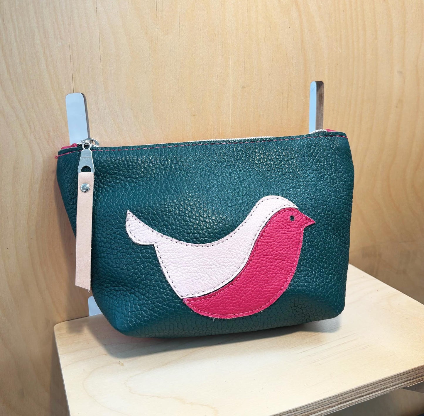 bird cosmetic zip pouch /green, hot pink, rose