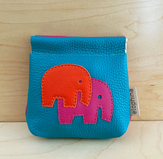 Elephant color block coin purse turquoise/pink