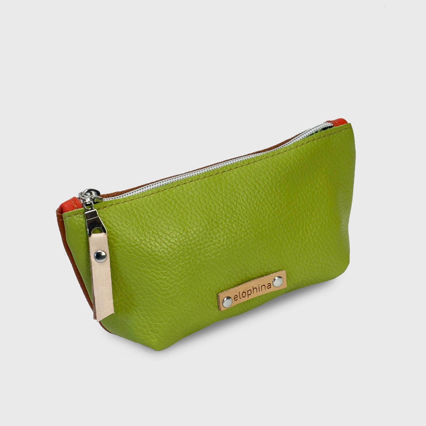 block color leather zip pouch / green, brown