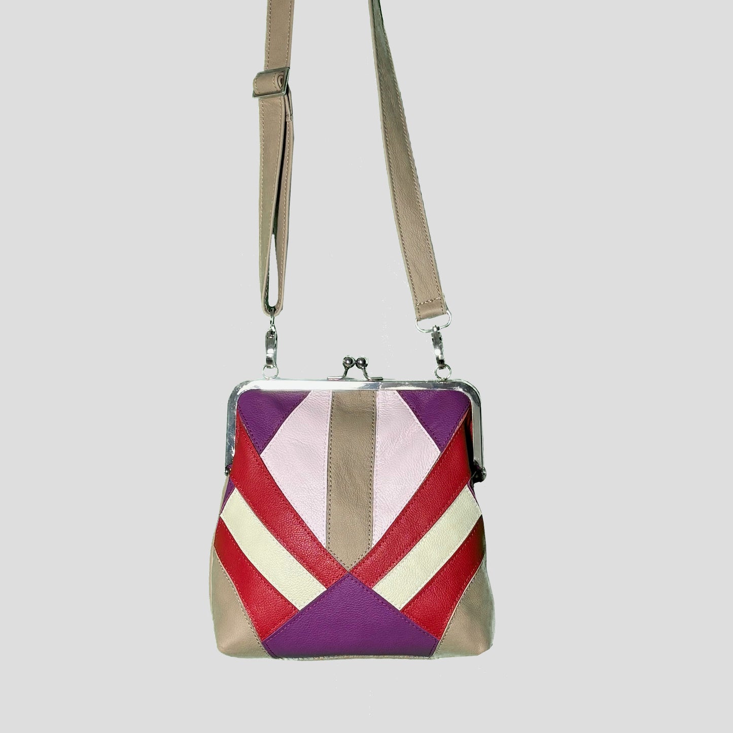 Marquetry Kisslock Crossbody Bag beige, red, purple