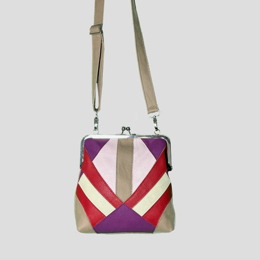 Marquetry Kisslock Crossbody Bag beige, red, purple