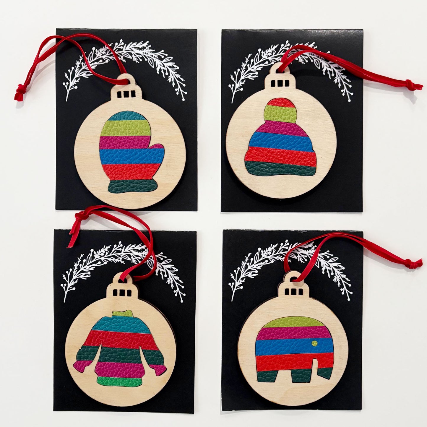 Wood and leather inlay set of 4 Ornaments