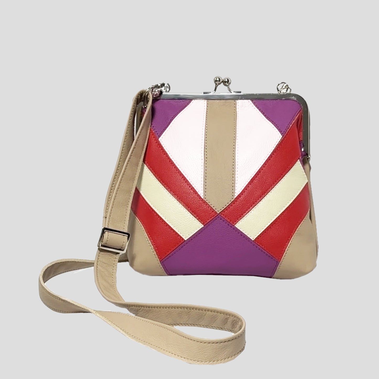 Marquetry Kisslock Crossbody Bag beige, red, purple