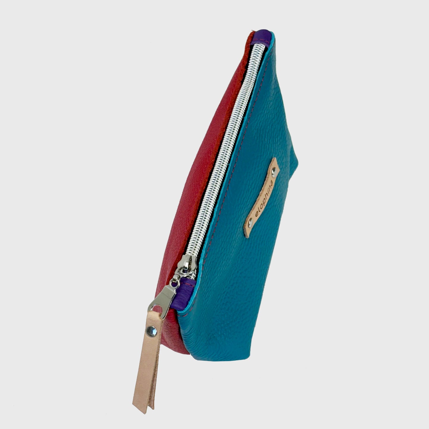 block color leather zip pouch / turquoise, red